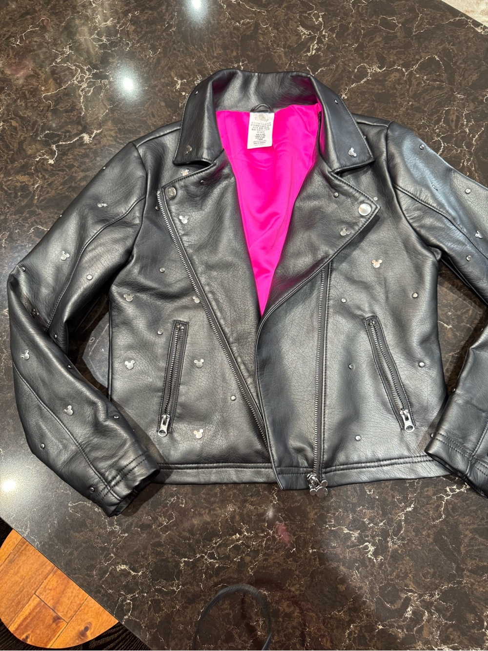Disney Black Leather Moto Jacket with Mickey Mouse clip and Hot Pink Lining